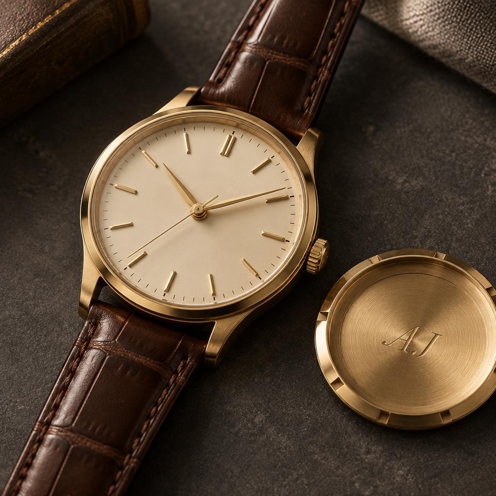 A gold watch and its engraved case back